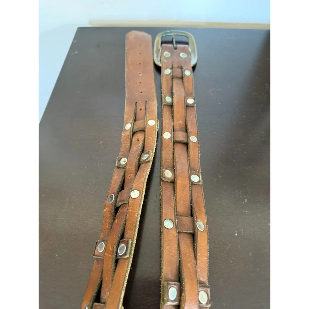 Vintage Unisex Brown Silver Leather Pin Buckle Casual Waist Belt 44-in Long